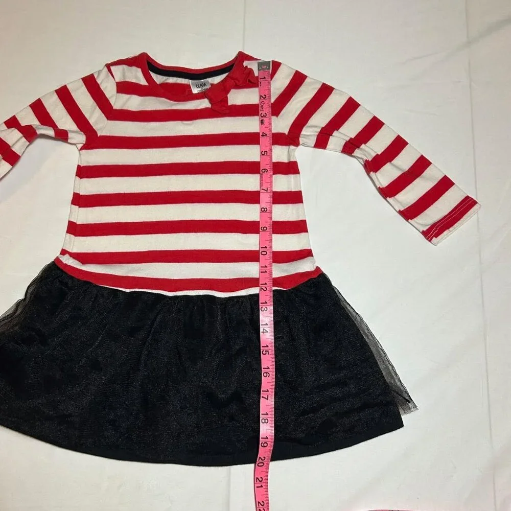 Gymboree Girls 2T Red White Striped Black Mesh Olivia Long Sleeve Dress Bow
